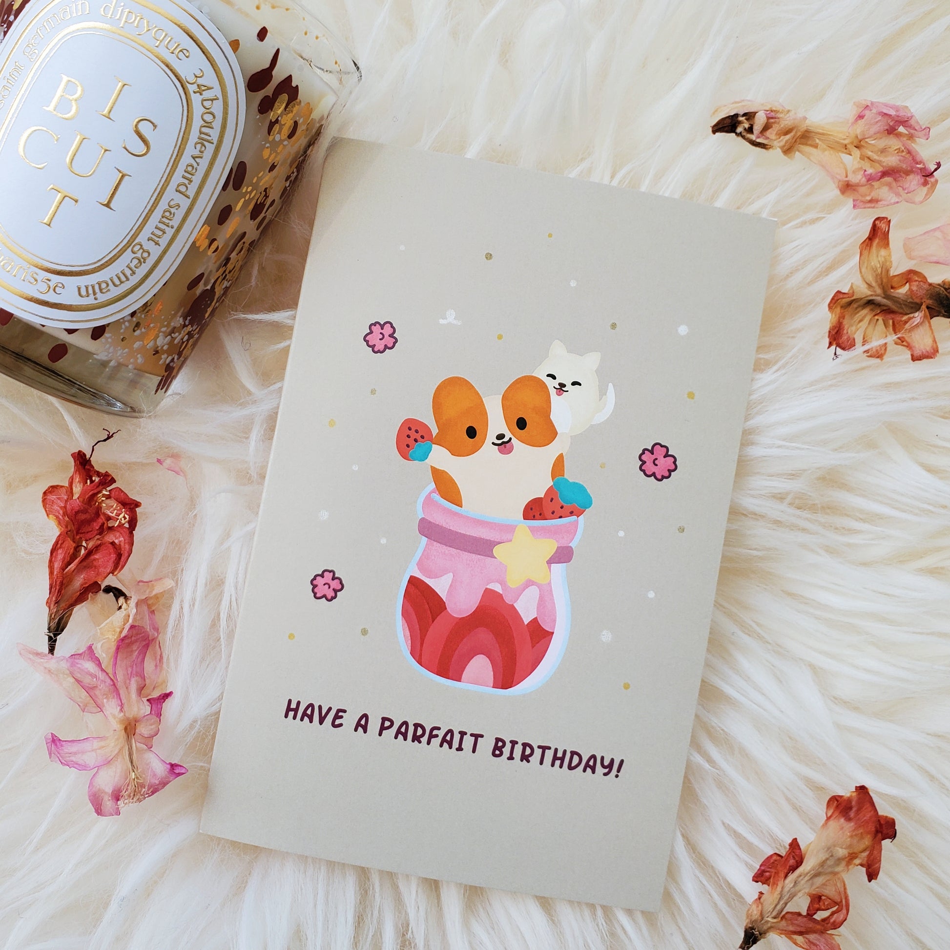 Corgi Birthday Card | Dessert Birthday Card | Ice Cream Birthday | Gelato Parfait Dessert | Strawberry Birthday Greetings