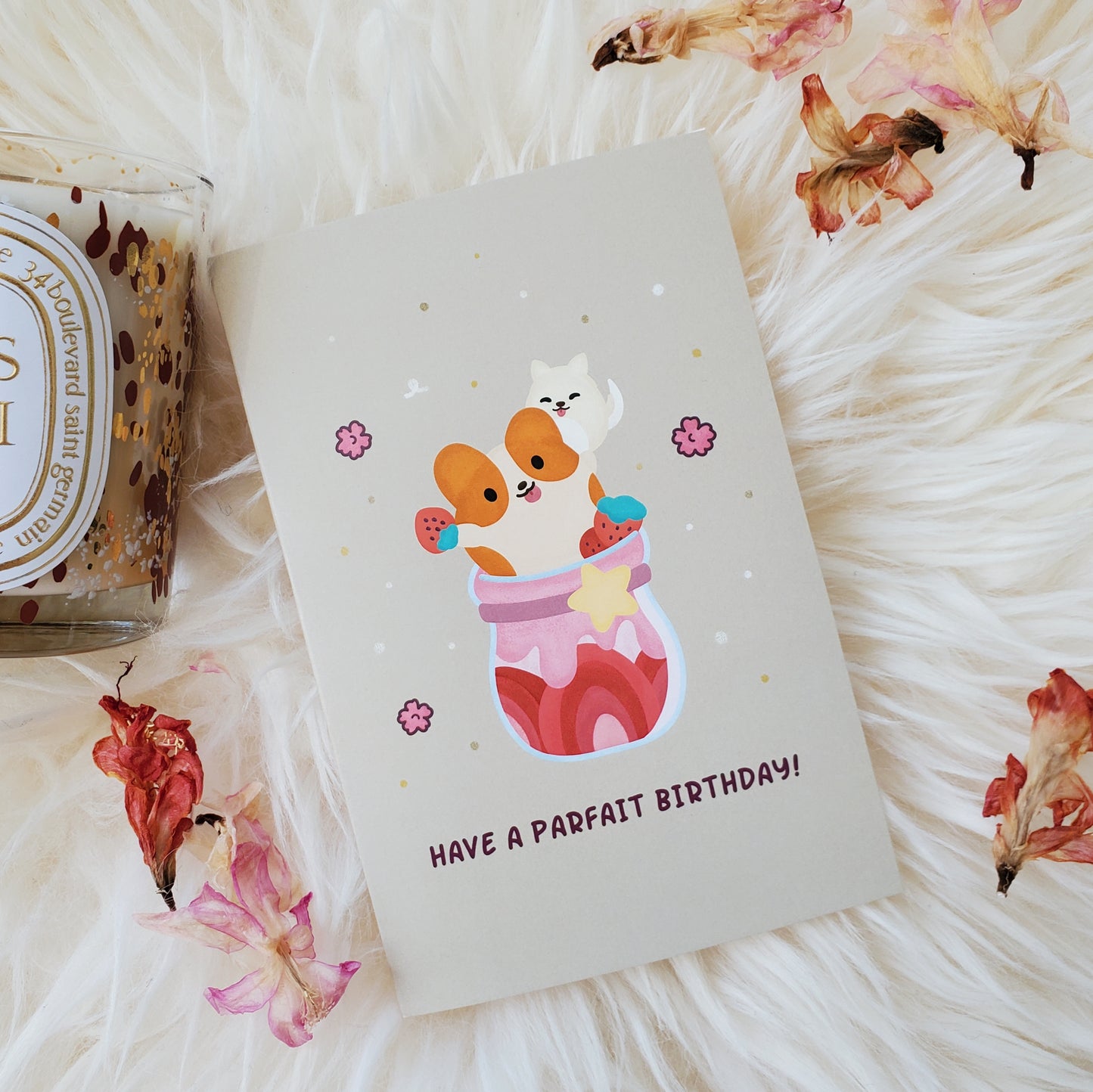 Corgi Birthday Card | Dog Birthday Card | Pet Birthday Card | Dessert Birthday Card | Ice Cream Birthday | Gelato Parfait Dessert | Strawberry Birthday Greetings