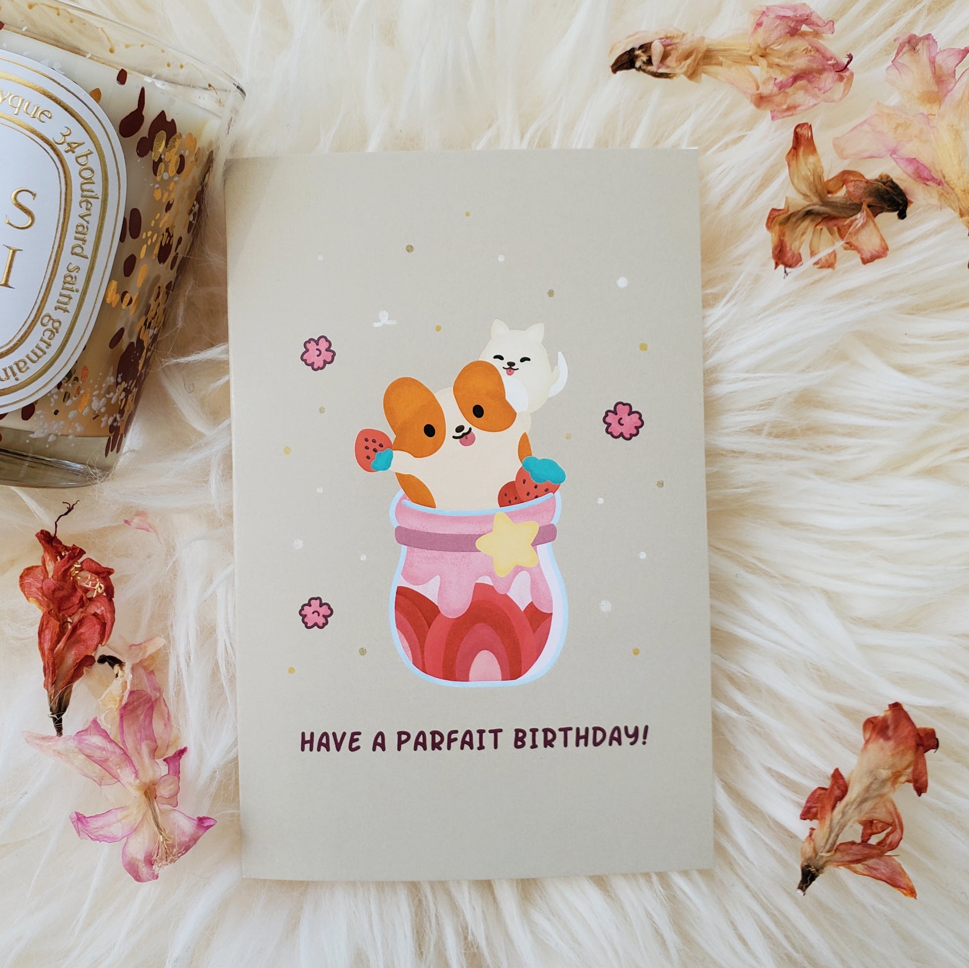 Cute Corgi Birthday Card | Dog Birthday Card | Pet Birthday Card | Dessert Birthday Card | Ice Cream Birthday | Gelato Parfait Dessert | Strawberry Birthday Greetings