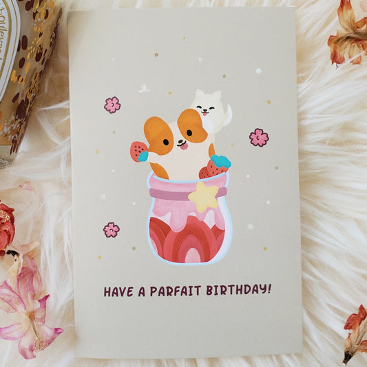 Dessert Birthday Card | Ice Cream Birthday | Gelato Parfait Dessert | Strawberry Birthday Greetings | Corgi Birthday Card